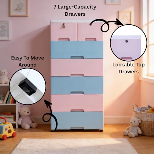 Image of The Tickle Toe Plastic Chest of 7 Drawers for Kids | Pink & Blue Multipurpose Organizer with 2 Locks | Dresser Storage Cabinet for Toys & Clothes | Glossy Finish | 51L x 33W x 121H cm