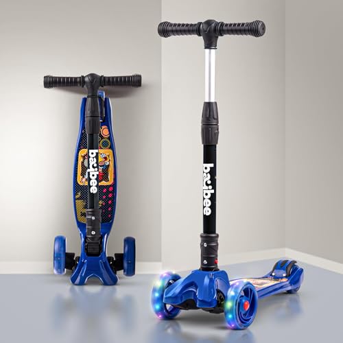 Image of Baybee Flash Kick Scooter for Kids | Smart Foldable 3 Wheel Kids Scooter with 4 Height Adjustable, LED PU Wheels & Brake | Skating Scooters Upto 75 Kg Capacity | Skate Scooters for Kid (Blue)