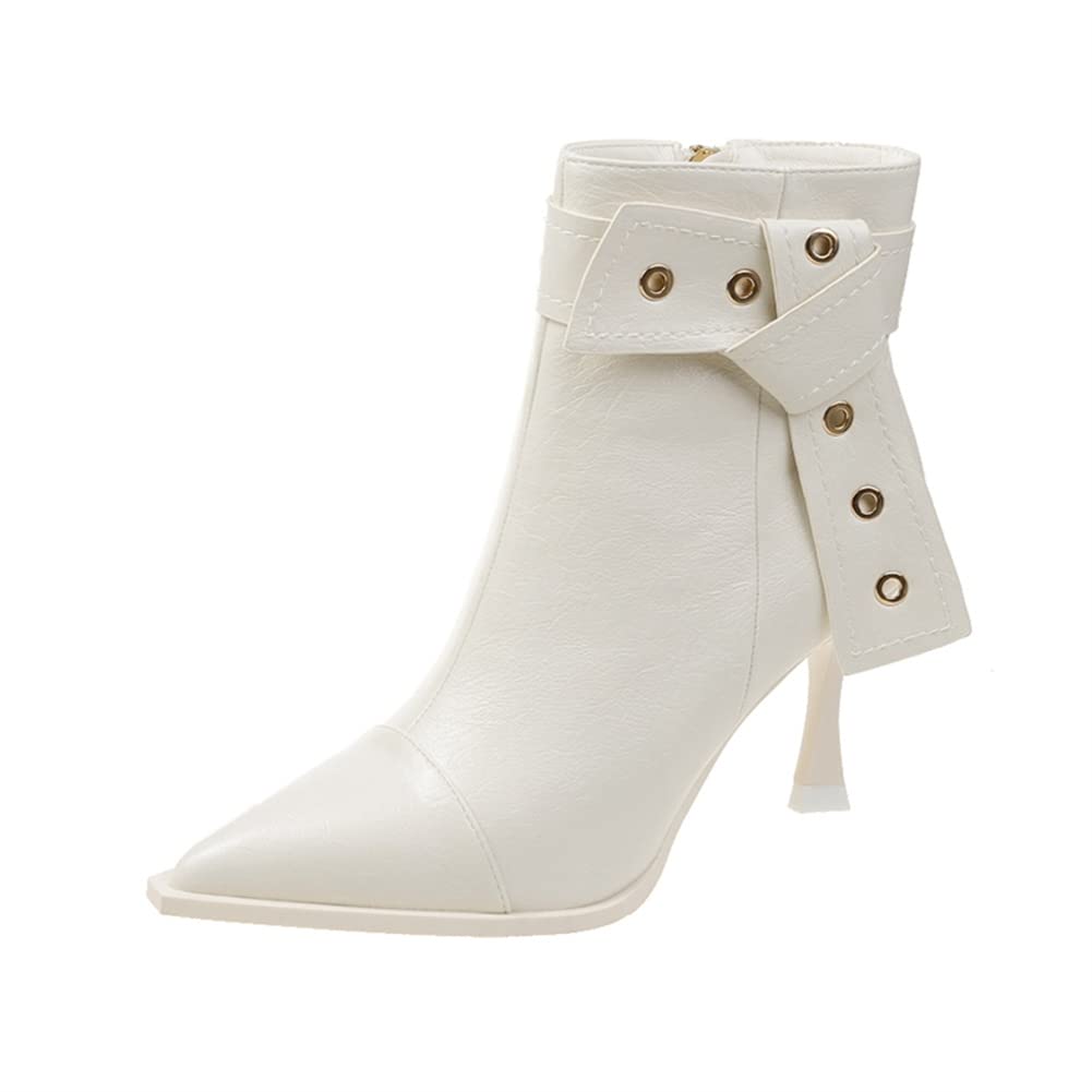 Women Stiletto Heel Side Zipper Ankle Boots Pointed Closed Toe Short Boots with Metal Buckle