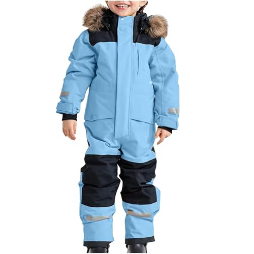Kids Snow Suit One Piece Boys Fleece Lined Girls Snowsuit 3T Fashion Waterproof Thickened Outdoor Overalls Faux Fur Hooded Snowboarding Ski Suits With Pockets Blue-90