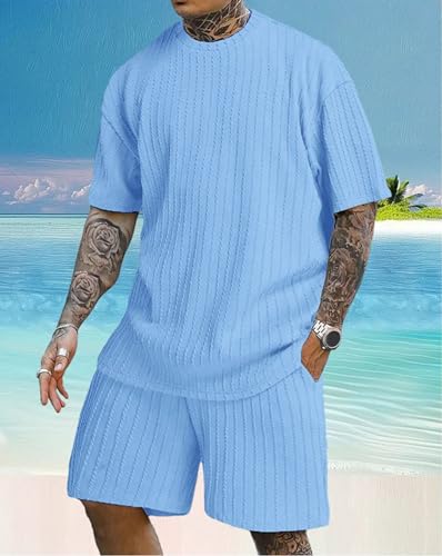 Men's Casual Textured Printed Short Sleeve Tee & Drawstring Waist Shorts Set, for Men Summer Print Top Pants Set4