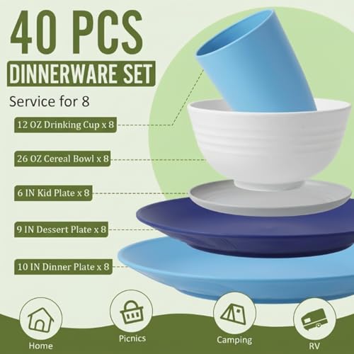 Image of Dinnerware Set 40 PCS Wheat Straw Dishes Set - Service for 8 Unbreakable Plastic Dish Set Microwave Safe Plates and Bowls Sets Lightweight Cups Sets Outdoor Dishes - Island Colors