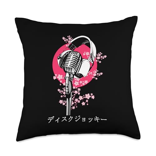 Vintage Microphone Sakura Japanese Art Flowers DJ Women Men Throw Pillow