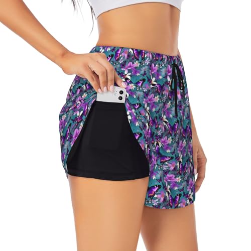 Short de sport femme violet anti-frottement à motif fleurs et papillons