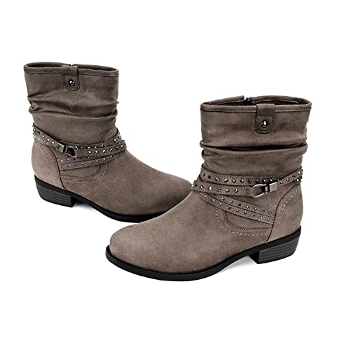 VJH confort Women’s Mid Calf Boot,Round Toe Low Heel Comfort Slouchy Bootie with Side Zipper Buckle Strap