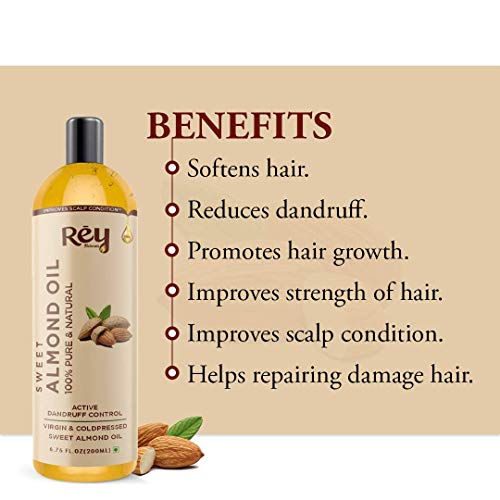 Rey Naturals 100% Pure & Natural Sweet Almond Oil - Virgin & Cold Pressed - For Hair & Skin - 200 Ml #TOP1