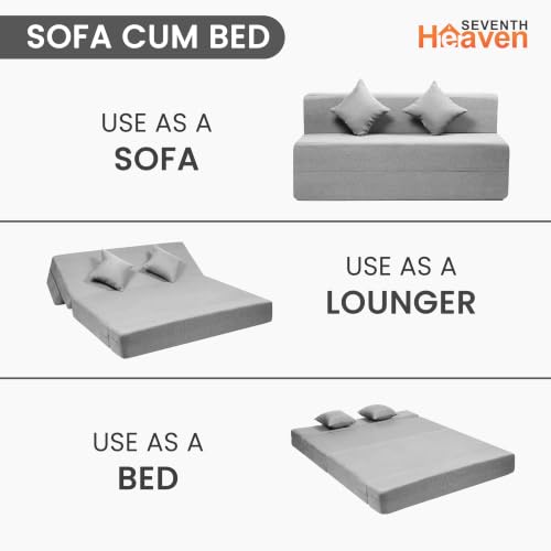 Image of Seventh Heaven Rejioce 3 Seater 5 * 6 Jute Fabric Washable Cover Sofa Cum Bed with 2 Cushions 3 Seater Double Foam Fold Out Sofa Cum Bed (Finish Color - Light Grey Delivery Condition - Pre-Assembled)