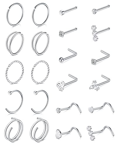 QWALIT 18g & 20g Nose Rings & Hoops - L & C Shape Studs - Surgical Stainless Steel & Silver Nose Piercing Jewelry - Rose Gold & Black - For Women & Men