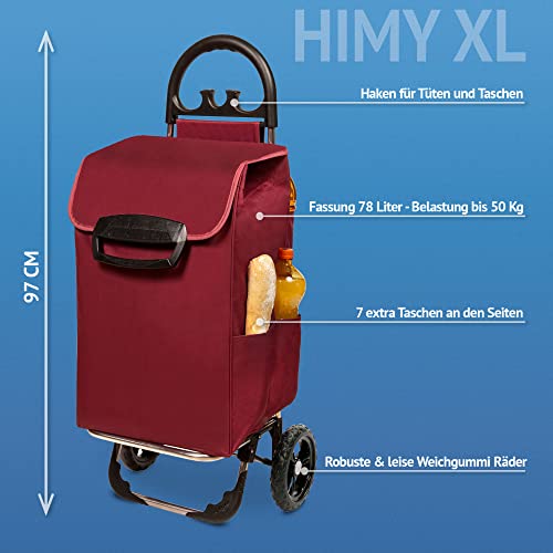 Einkaufstrolley XL Himy Einkaufsroller in Bordeaux rot 78L - Shopping Cart leise Gummi Räder bis 50kg inkl. Außentaschen – Bild 3