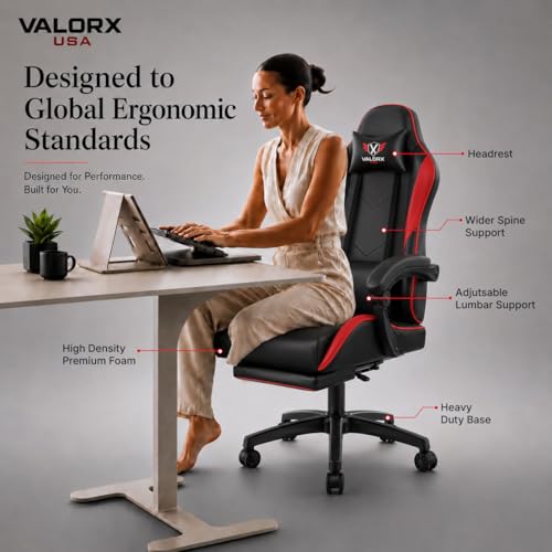 Image of ValorX USA Vector 2026 Edition I Ergonomic Gaming & Computer Chair in PU Leather | Dual Massager Back Cushion | Adjustable Neck & Lumbar Support | Ergo-Sync Armrests | Retractable Footrest (Red)
