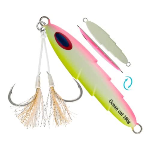 OCEAN CAT Slow Pitch Jig Flat Fall Jigging Fishing Lures Vertical Jigs Jigging Baits with Assist Slow Pitch Jig Hook for Saltwater Fishing 60G/100G/150G/200G/250G (80G, Style-9: Pink&Yellow Color)