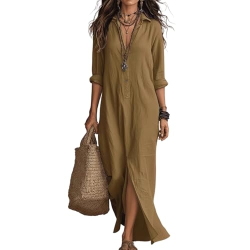 Robe boheme femme coton lin longue et fluide avec col chemise pour look relax
