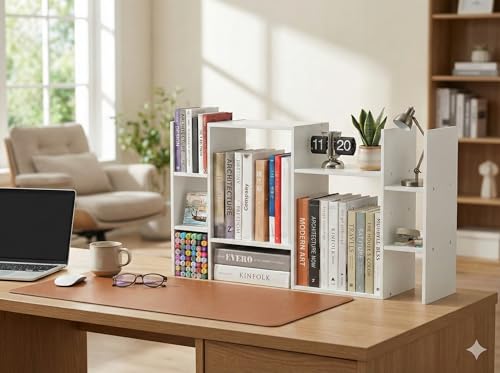 Image of YIGANG Desk Shelf Organizer, 3-Tier Desktop Bookshelf for Computer Desk, Small Tabletop Hutch Storage Rack, Wood Office Supplies Organizer for Dorm, Home & Student (29 Inch Wide)，White