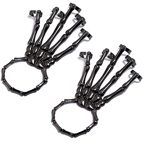 Caiyao 2 Pcs Gothic Halloween Skull Skeleton Metal Fingers Hand Bone Bracelet with Adjustable Fingers Wristband Handmade Punk Cool Jewelry for Women Girls Men-black