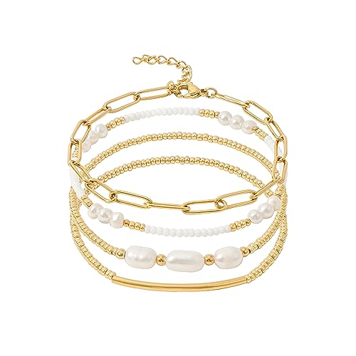 Gold Plated Beaded Bracelets for Women Stackable Set, Elegant Delicate Paperclip Link Stretch Chain Summer Bracelet Dainty Trendy Pearl Jewelry Birthday Gift