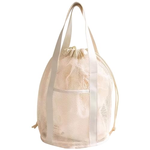 Bolsa de Playa para niños, Bolso de Malla con cordón, Bolso de Juguete de Playa Plegable con 2 Bolsillos Delanteros para Juguetes, Toalla, Chanclas/Beige