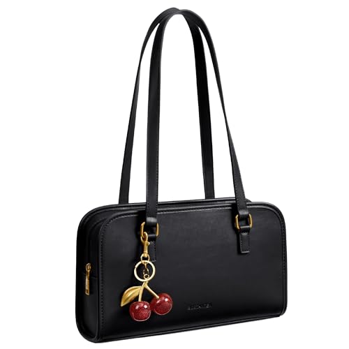 Image of BOSTANTEN Shoulder Bag with Cherry Charm Vegan Leather Purse for Women | Quiet Luxury Vintage Style, Structured Handbag, Handle Strap, Well-Organized Pockets, Versatile for Everyday Weekend Office
