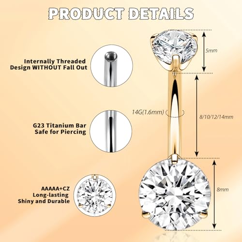 GAGABODY G23 Titanium 14G Belly Button Rings Navel Rings Belly Rings 3/8 inch 10mm Belly Piercing Prong Set Belly Button Navel Piercing Ring Double Sparkle CZ Navel Barbell3