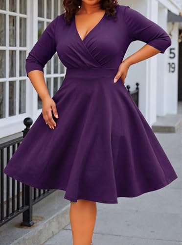 Image of Womens Plus Size Dresses Faux Wrap Summer Dress 3 /4 Sleeves V Neck 1950s Retro Vintage Wedding Party Midi Dress