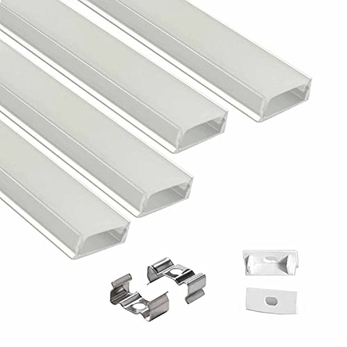 Image of Abaj Lighting (18x6mm) LED Strip Light 1Meter Aluminium Rectangular Surface Profile Light Channels with Diffused Cover, End Caps and Mounting Clips Without LED Straight Linear - Pack of 4