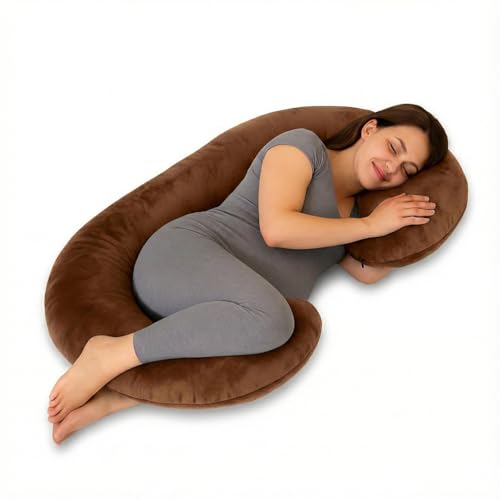 Image of Amazon Basics Full Body Pregnancy Pillow for Maternity, Baby Nursing, Full Body Support -Abdomen,Hip, Spine, Neck& Leg Support Cushion| Perfect Baby Shower Gift |C-Shaped-Washable Cover with Zip-Brown