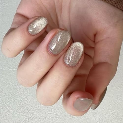 Press on Nails Short Oval Champagne Cat Eye Acrylic Nails Press o...