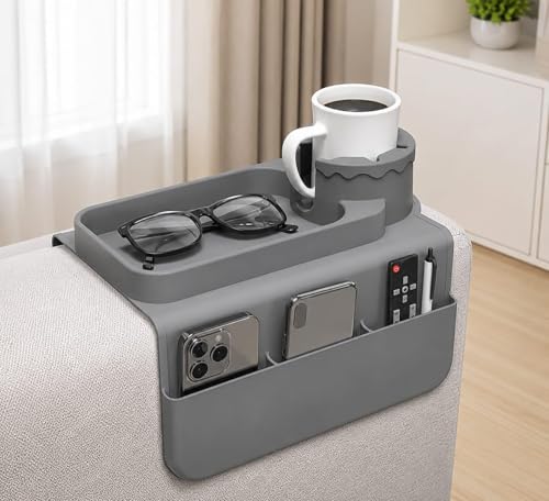 Sofa Cup Holder,Armrest Tray - Multifunctional Silicone with Dual Side Pockets, Armchair Cup Holder Tray, Anti Slip Couc...