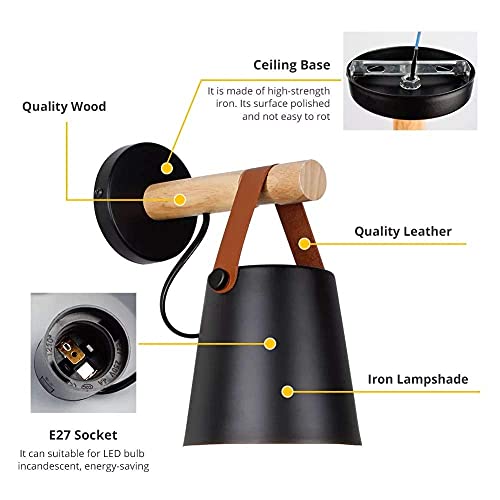 Image of Smartway Black Leather LED Wall Lamp | Modern Decorative Wall Light for Living Room, Bedroom, Bedside & Kids Room | Wooden Arm Designer Wall Mount Light | Premium Home Decor | 1-Year Warranty