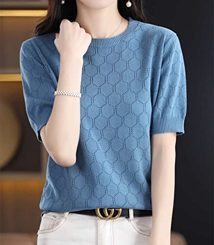Image of Summer Hollow Out T-Shirt Women's Short Sleeve Sweater Cotton Knitted O-Neck Lightweight Pointelle Breathable Tops
