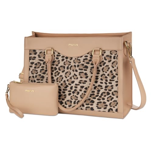 MOSISO Laptop Tote Bag with Large Capacity, 15.6 inch PU Leather Leopard Grain Laptop Bag for Women & Clutch Purse, Waterproof Computer Bags Work Briefcase for Business Office, Apricot