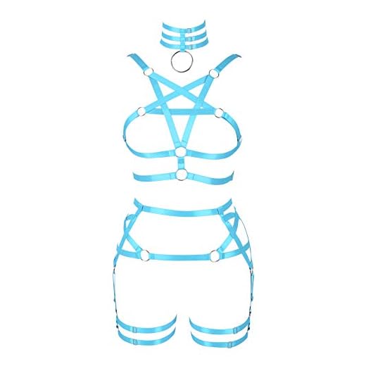 BBOHSS Arnés para mujer, sujetador y liguero de pentagrama, juego punk, gótico, carnival, Halloween, elástico, ajustable, disfraz de baile, azul celeste, Talla única