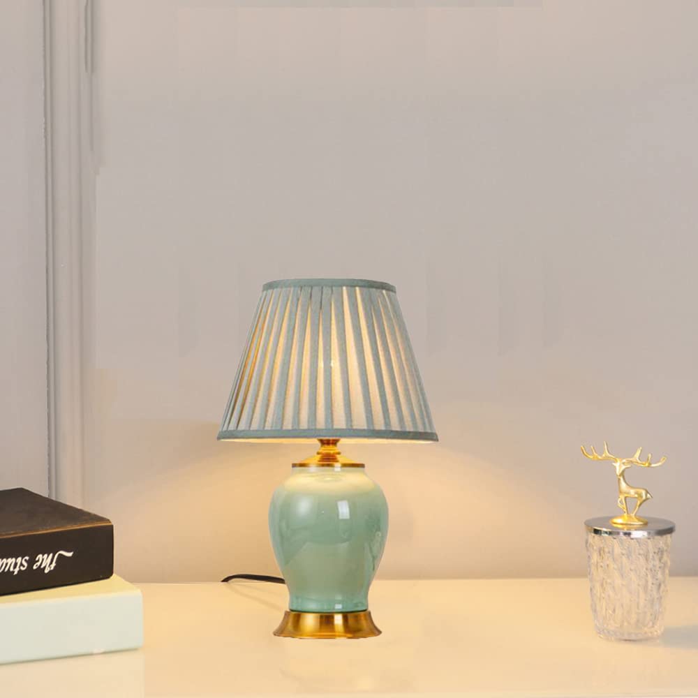 Mengjay Lámpara de Mesa Cerámica Elegante con Base de Porcelana Verde y Pantalla de Tela Blanca Casquillo E27 para Dormitorio Mesita de Noche Salón