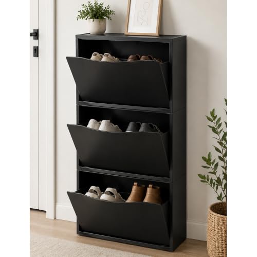 Image of TNT THE NEXT TREND Space Saving Shoe Rack Cabinet | Dustproof Flip Door Shoe Storage Organizer | Modern Minimal Shoe Stand for Entryway, Living Room, Bedroom & Hallway | Black Finish (Pack of 3)