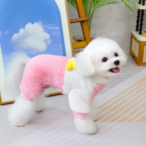 Izefia Dog Sweater Clothes Fleece Woolen Winter Warm Sweat Shirt 4 Legs Jumpsuit Pajamas Cute Yellow Duck Sweater for Small Dog Medium Cat Pink S - Image 3