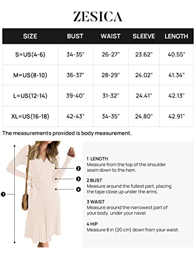 Zesica Women's Long Sleeve Wrap V Neck Ribbed Knit Pleated A Line Pullover Sweater Dress With Belt,Apricot,Medium #TOP5