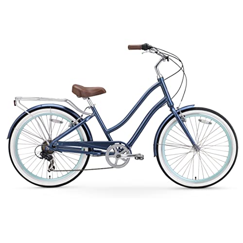 Sixthreezero Evryjourney Women's 7-Speed Step-Through Hybrid Cruiser Bicycle, 26" Wheels And 17.5" Frame, Navy With Brown Seat And Grips& Nantucket Bicycle Basket Co, Stained #TOP2