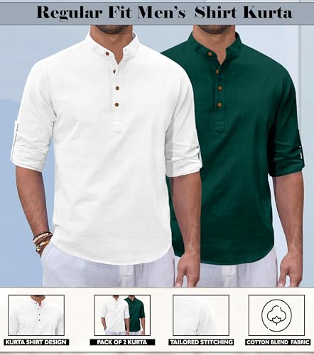 Image of Zombom Combo of Men's Casual Solid Cotton Polyester Blend Full Sleeve Straight Kurta Shirt (Pack of 2)