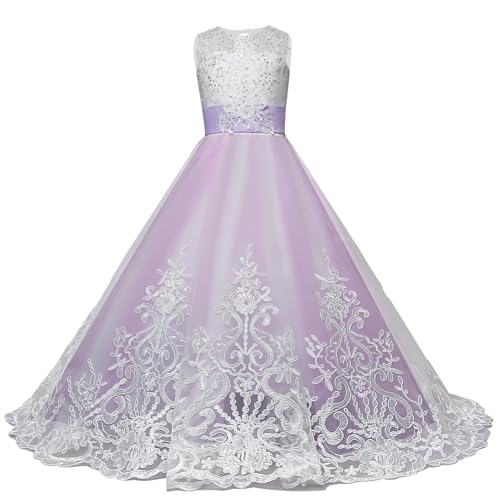 Princess Lilac Long Girls Pageant Dresses Kids Prom Puffy Tulle Ball Gown (Purple,160cm)4
