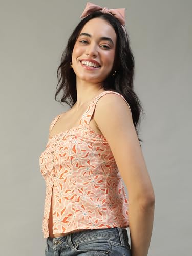 Image of oxolloxo Women Printed Top with Square Neck, Smocked Back, Shoulder Straps, Button Fly and Front Slit in Soft Poly Seersucker Dobby Fabric