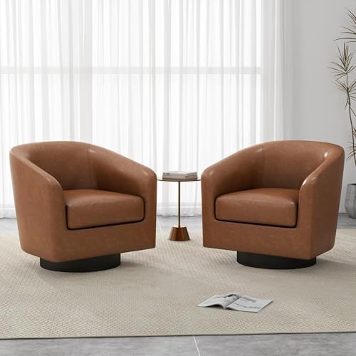 UIXE Faux Leather Swivel Barrel Accent Chairs Set of 2, Modern Upholstered Armchair Club Chair for Living Room, Round Arm Chair Bedroom Single Sofa Reading Seat - Brown