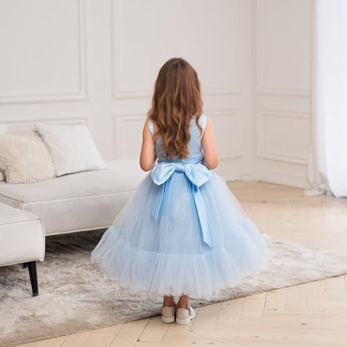 MCieloLuna Tulle Flower Girl Dresses for Wedding O-Neck Princess Party Gown Satin First Commnion Dress with Bowknot4