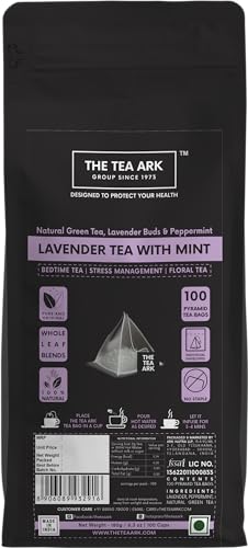 Image of The Tea Ark Lavender Tea Bags (100 Count) | Herbal Bedtime Tea with Peppermint & Green Tea | Individually Wrapped Pyramid Tea Bags | Natural Whole Leaf Blend
