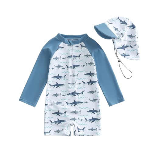 Image of Lucikamy Toddler Baby Boy Girls One Piece Swimsuit Long Sleeve Zipper Bathing Suit with Hat Infant Rash Guard Swimwear