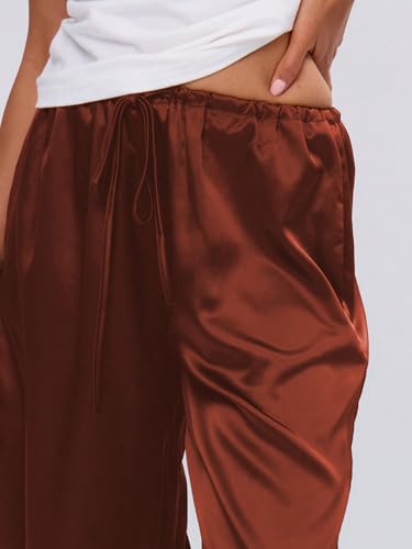 Image of MakeMeChic Women's Summer Satin Silk Pants Casual Flowy Pants Beach Vacation Wide Leg Pants