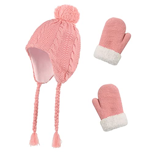 Image of Kids Winter Beanie Hat Mittens Set Warm Fleece Hat Baby Toddler Knitted Hat & Gloves for Boys, Girls