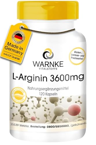 L-Arginin Kapseln - 3600mg L-Arginin-HCl pro Tagesdosis - 120 Kapseln - hochdosiert - vegan | Warnke Vitalstoffe - Deutsche Apothekenqualität