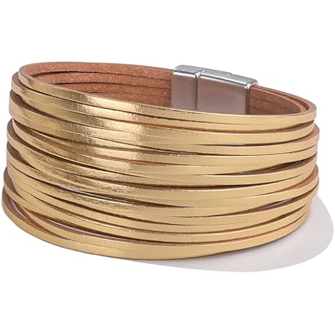 FANCY SHINY Boho Leather Wrap Bracelets Stackable Layered Cuff Bracelet Trendy Bohemian Jewelry for Women(Gold) Cover