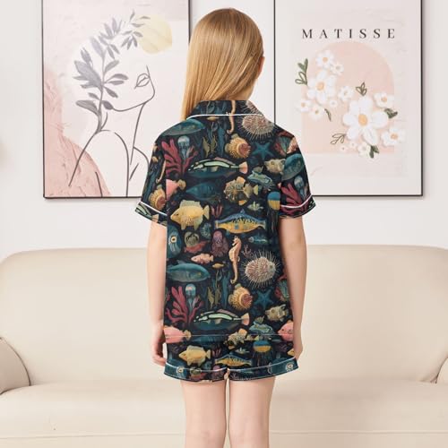 ALAZA Fish Coral Reef Seahorse Satin Pajamas Set Short Sleeve Button Down Sleepwear Summer Pjs 2 Piece4