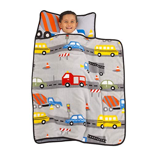 Image of Everything Kids Grey, Red, Yellow and Blue Construction Toddler Nap Mat with Pillow and Blanket with Pillow and Blanket