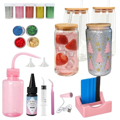 SIECCY 4 Pack Snow Globe Glass Tumbler DIY Kit, 16oz Double Wall Glass Can Supplies with UV DTF Cup Wraps, 5 Colors Glitter, Squeeze Bottle, Scraper, UV Resin Light & Funnel for Holiday Craft Gifts